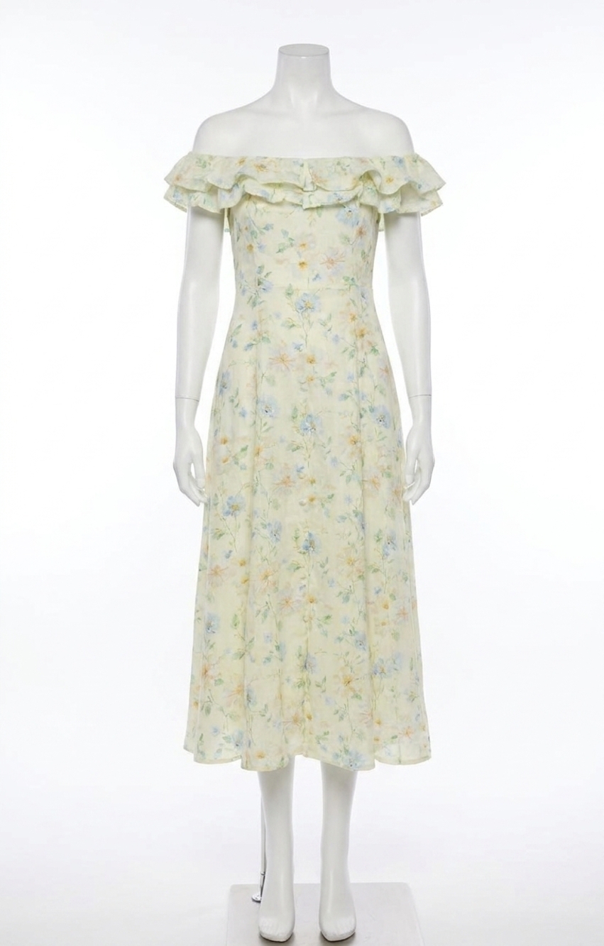 NEW ASTR alannah off the shoulder midi dress in pale yellow floral